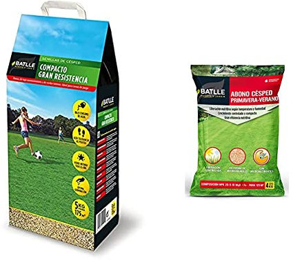 Semillas Batlle Césped Compacto de gran Resistencia - 5kg + Abono Cesped Primavera-Verano Saco 4kg
