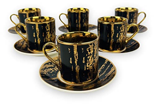 Medusa - Tazzine da caffè in oro, 12 cucchiaini per 6 persone, tazze + piattini, 60 ml, stile meandro, con confezione regalo