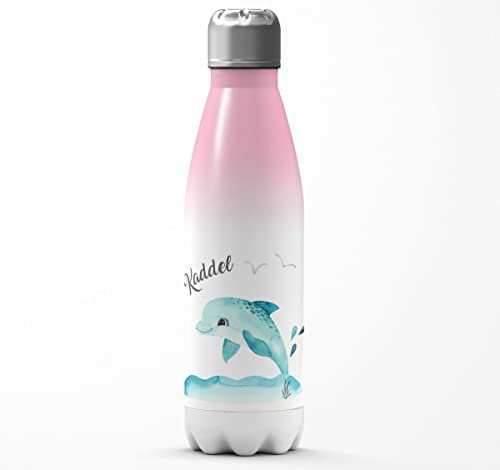 Mikalino Kinder Edelstahl Trinkflasche Niedlicher Delphin personalisiert mit Wunschname Einschulung Geschenk Geschenkideen Thermosflasche Mädchen Junge, Farbe:rosaweiss, Grösse:500ml
