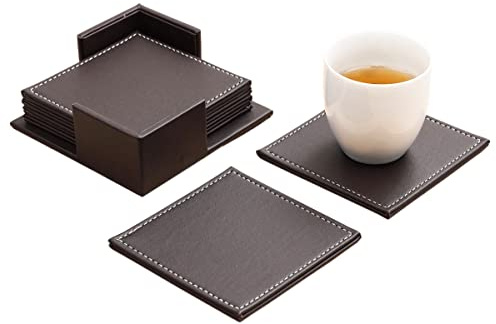 Techson 6PCS Leather Coasters, PU Non-Slip Drinks Wine Tea Coffee Mats with Holder, Waterproof Heat Resistant Bar Tabletop Protection Suitable for Kinds of Cups and Mugs (Square, Brown)