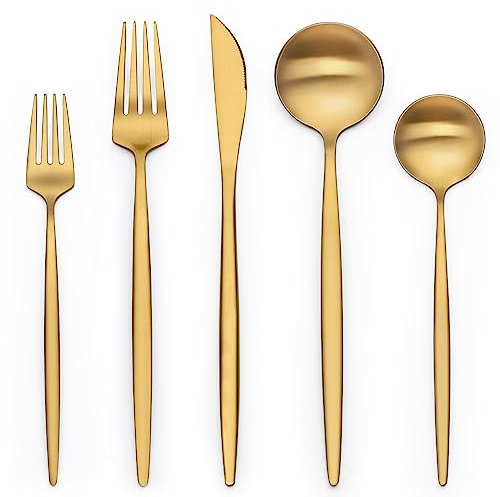20 Piece Gold Silverware Set for 4, Terlulu Stainless Steel Flatware Set, Gold Cutlery Set Utensils Set, Tableware Include Forks Knives Spoons for Home Kitchen Restaurant Wedding, Satin Finish