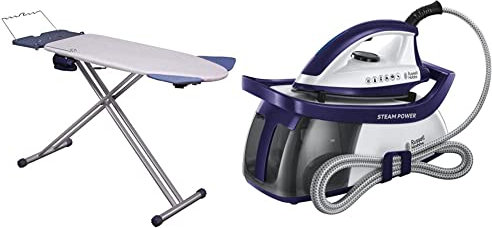 Mabel Home Extra-Wide ironing Pro Board with Shoulder Wing Folding, 8 Feature, with + Extra Cover & Russell Hobbs 24440 Steam Generator Iron, Series 3, 2600 W, Purple/White