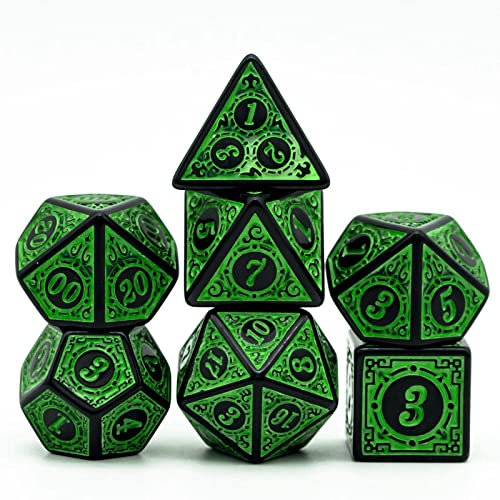 World of Dice - Ornament-Serie - 7-teiliges Pen and Paper Würfelset mit feinen Verzierungen, ideal für DND, DSA, Pathfinder, Cthulhu, Shadowrun und viele weitere (Green)