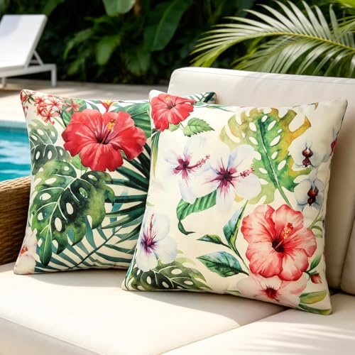 Kissenbezug 45 x 45 cm Wasserfeste Outdoor Kissenbezüge Tropisch Pflanzen Landhaus Sommer Kissenhülle Blattmuster Zierkissen Dekokissen für Zuhause Sofa Schlafzimmer Dekoration(Bunt floral, 2er Set)