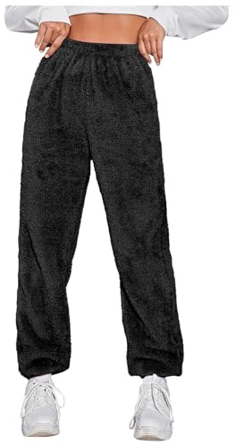 Damen Kuschelhose Flauschig Warm Fleecehose Gefütterte Verdickte Thermohose Sweatpants Elastische Taille Fleece Plüsch Dicke Schlafanzughose