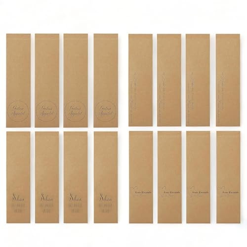 MIJOMA Bestecktüten Set: Bestecktaschen aus naturfarbenem Tonpapier, mit aufmunternden Sprüchen – Für Hochzeit, Geburtstag, Dinner-Party & besondere Anlässe, 26,5 x 7 cm (Schrift Schwarz, 16 Stück)