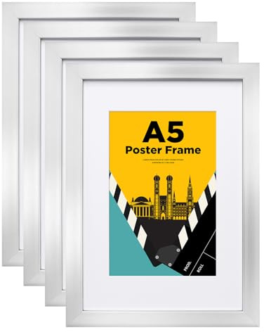Egofine Bilderrahmen A5, Holzrahmen A5 mit Acrylglas Passepartout für Fotos 10 x 15 cm, Zertifikatsrahmen für Tisch- und Wandmontage,14.8 x 21 cm Posterrahmen für Portrait,Zuhause, Büro,Silber,4er