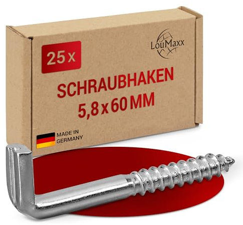 LouMaxx Schraubhaken gerade mit Schlitz 5,8x60mm - 25 Stück Hakenschrauben, verzinkter Schraubenhaken aus Stahl, Tragkraft 50kg, rostfrei für außen - zuverlässig montierbar in Holz, Beton, Gipskarton