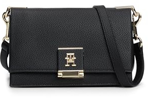Tommy Hilfiger Damen Leather Bag with Crossbody Strap Umhängetasche, Schwarz