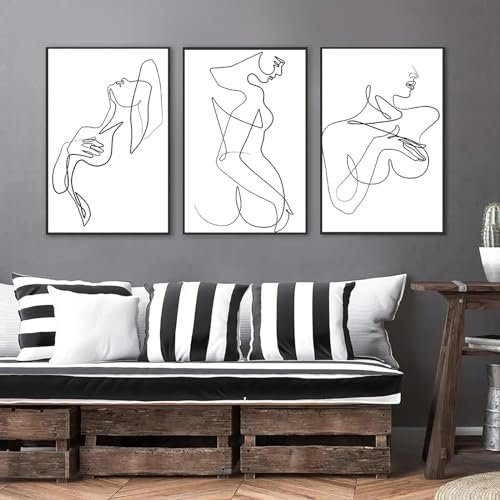 AWKFHF Leinwand Bild Minimalismus Frau Body Line Art Nackte Frau Schwarz-Weiß-Abstraktes Bilder Leinwand Malerei Poster Kunstdruck Wohnzimmer Schlafzimmer Wand Deko (3X40X60CM,ohne Rahmen)
