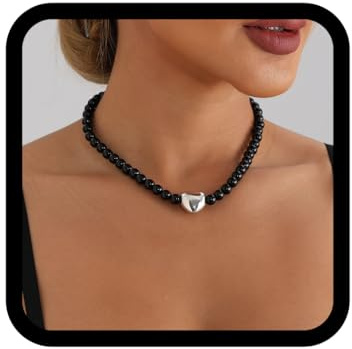 Zoestar Collier de perles noires avec pendentif en forme de cœur en argent Collier simple pour femme