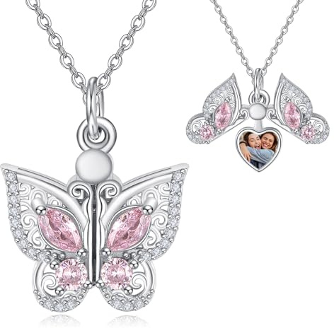 KINGWHYTE Schmetterling Medaillon Kette 925 Sterling Silber Rosa Schmetterling Bilder Anhänger Öffnen Foto Schmuck Geschenke für Frauen Mädchen