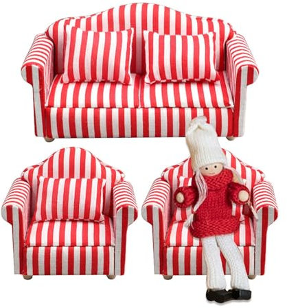 Bvizyelck Puppenhaus-Sofa-Set, Puppenhaus-Couch - -Puppenhausmöbel im Maßstab 1:12, Couch und Stuhl,Hochsimuliertes Miniatursofa aus Holzstoff, rote und weiße Streifen, Kinderspielzeug, Geschenk