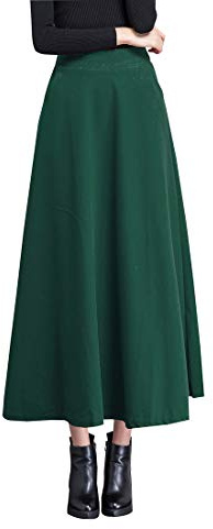 Kvinnors vintage hög midja lång kjol A-linje höst/vinter elegant solid ull midikjol, Mörkgrön, M