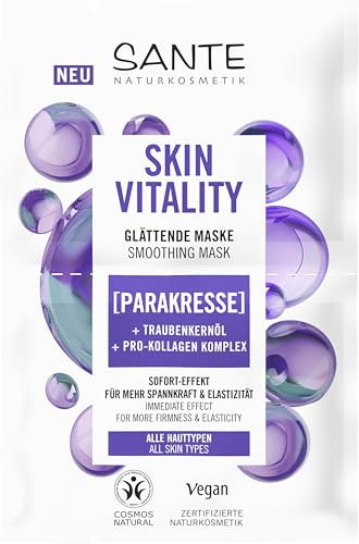 SANTE Naturkosmetik Skin Vitality, maschera lisciante rivitalizzante idratante con paratria, olio di semi d'uva e complesso di collagene, per una maggiore forza ed elasticità, 8 ml
