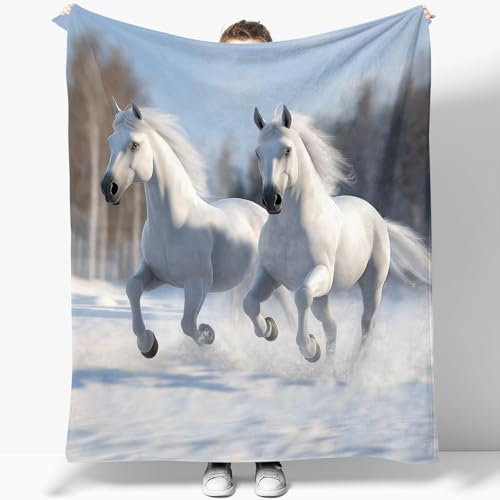 Flanelldecke Tierfotografie Weißes Pferd 130 x 150 cm 3D-Druckdecke Kuscheldecke Sofadecke Wolldecke Wärme und Lsolierung Decke Klimaanlage Decke für Wohn und Schlafräume Decke