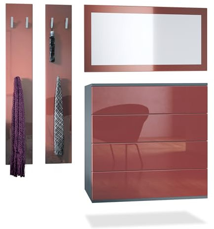 Vladon Garderoben-Set Horizon, bestehend aus 1 Kommode mit 4 Schubkästen, 1 Spiegel und 1 Wandpaneel Set, Anthrazit matt/Bordeaux Hochglanz