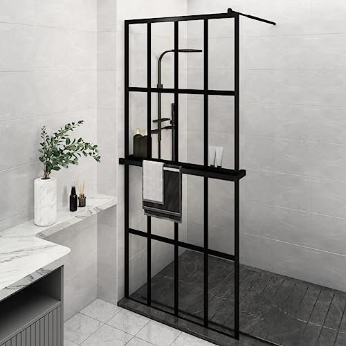 Paroi de douche à l'italienne avec étagère en verre ESG et aluminium Noir 90 x 195 cm