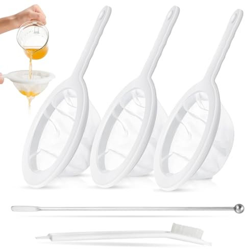 EIH1 Colador fino, set de 3 coladores de nylon ultra-fino con mango, mallas de 100/200/400 micras, con varilla mezcladora y cepillo, ideal para jugos y leche