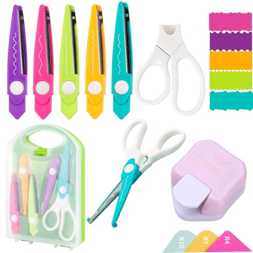 7-teiliges Bastelscheren-Set, 3-in-1-Eckenrunder, Papierstanzer, dekorative Papierkantenschere mit Aufbewahrungsbox, 5 Arten, Zickzack-Kanten, Scheren für DIY-Projekte, Papierkarten, Fotos, Karten und