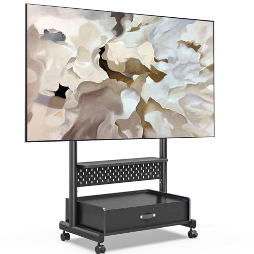 FITUEYES TV Ständer Rollbar Höhenverstellbar, Fernsehständer mit Rollen Schublade Ablage Lochwand, TV Bodenständer Holz für 40-85 Zoll Fernseher bis zu 60kg, Max.VESA 600x400mm (Schwarz)