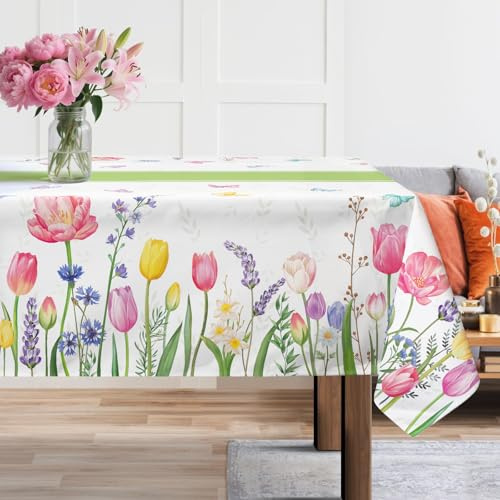 Arquiel Mantel Rectángula Tulipán Flor Pascua, PoliéSter Mantel De Tela Antimanchas Impermeable Lavable Duradera para Cocina Comedor Fiestas Primavera/Verano (152cm X 264cm)