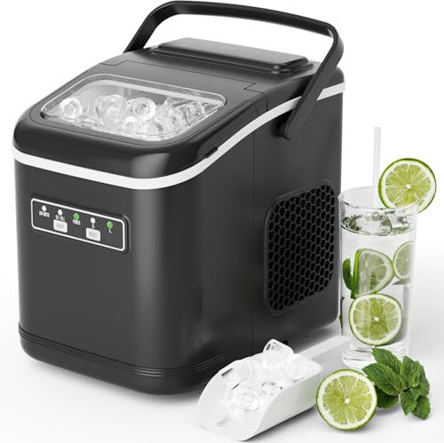 Macchina Ghiaccio, 12 kg/24h, 9 Cubetti di Ghiaccio in 6 Minuti, 2 Dimensioni di Ghiaccio, Silenzioso, Macchina del Ghiaccio Casa Autopulente con Maniglia/Cestello/Paletta, per Cucina/Ufficio/Bar