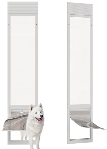 Dog Door for Sliding Glass Doors, Adjustable Height 76 1/8-80 7/8 Aluminum Frame Tempered Sliding Door Dog Doors Insert with Lock, 10 x 15 Flap Size for Large Dogs