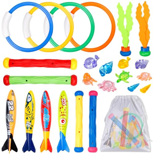25 Stück Pool Tauchspielzeug-Set, Tauchen Spielzeug Unterwasser，mit Tauchringen, Tauchstäben, Algenspielzeug, Piratenschätze, Toypedo Banditen, Aufbewahrungstasche, Kinder Trainingstauchspielzeug