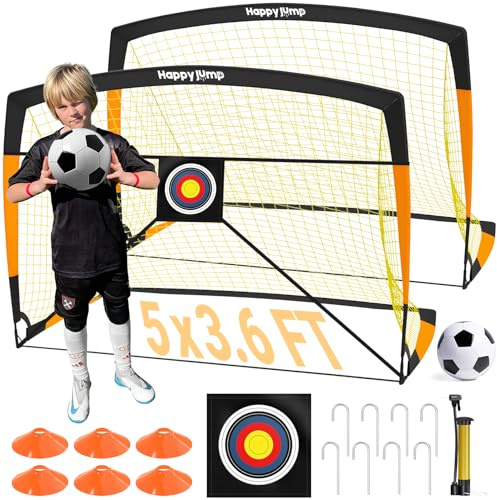 Happy Jump 2 Porte da Calcio Pieghevoli 152x110 CM – Con Pallone, Bersaglio, Pompa e Coni | Perfette per Allenamento Outdoor e come Regalo Sportivo per la Famiglia