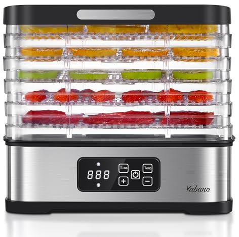 Yabano - Food Dehydrator Machine for Home Use, 250W Electric Dryer with Adjustable Timer and Temperature Control, 5 Trays, Digital Presets for Fruits, Meat
