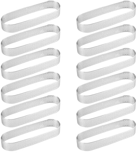 Thatyro 12 Pieces Stainless Steel 5.1 In Perforated Tart Ring Set, Non Stick Oval Cake Rings for Baking, Heat Resistant Mini Tart Pastry Pattern for French Dessert Mousse Cheese Muffin Pie (Silver)