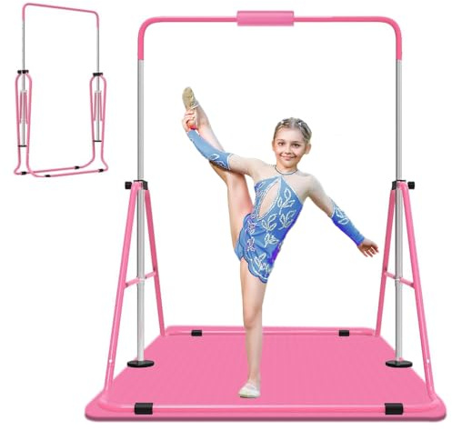 Jivifao Gymnastics Bar for Kids, Adjustable Height Gymnastic Horizontal Bars with Mat, Folding Gymnastic Training Monkey Bars, Junior Expandable Training Kip Bar for Home
