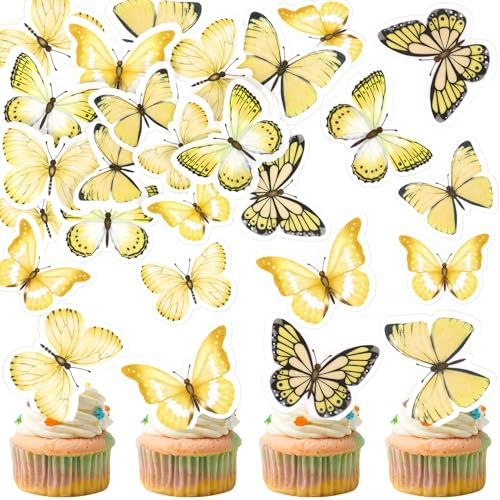 Blumomon 48 Stück Essbare Schmetterling Kuchen Topper Gelb Schmetterlinge Cupcake Toppers Hochzeit Geburtstag Party Cupcake Dekoration