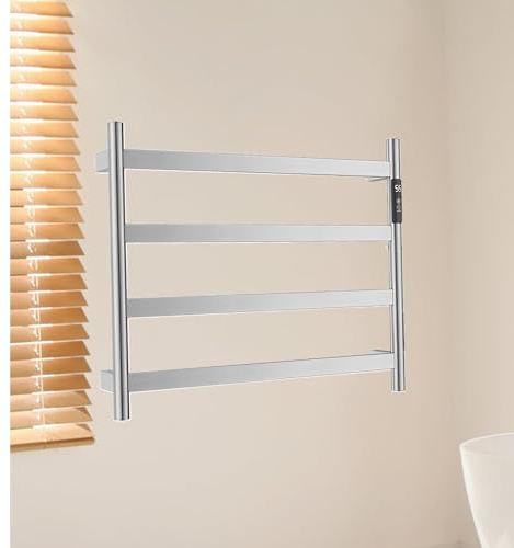 LYMGRZ Scaldasalviette Elettrico a Parete per asciugare Asciugamani e Indumenti, in Acciaio Inox, con Filo a Destra, in Argento.