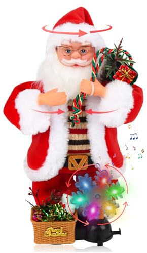 Figura de Papá Noel con música y brazos móviles, 33 x 15 x 13 cm, muñeco de Papá Noel animado con copos de nieve giratorios y efectos LED, funciona con pilas, decoración navideña para el hogar