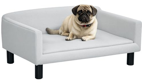 PawHut Divano per Cani Taglia Media e Piccola con Cuscino, Braccioli e Schienale, Divanetto per Cani in Tessuto Effetto Velluto, Schiuma e Legno, 82x54x36 cm, Grigio Chiaro