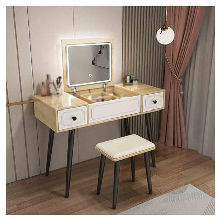 Coiffeuse de maquillage moderne avec miroir - Commode compacte pour petits espaces - Design élégant à rabat pour chambre à coucher et dressing - Finition noyer.