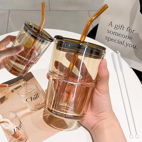 SciFiVisi 2 vasos de cristal de 450 ml con tapa a prueba de fugas, pajita y cepillo