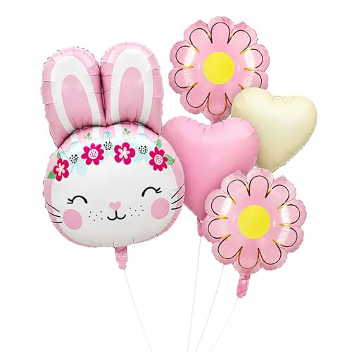 Fesnova Folienballon Hase Set,Luftballons Ostern 5 Stück, Rosa Blumen und Herzen,38x50 cm,für Ostern Partydekoration,Geburtstag,Hase Kinderballons Hasenparty,Waldtiere,Tier