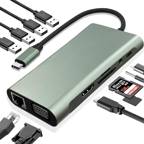 Vrebrey USB C Hub 11-in-1 Docking Station, Type-C Multiport Adapter with 4K HDMI, VGA, 100W PD, USB 3.0, RJ45 Ethernet, SD/TF Card Reader, AUX, Compatible with MacBook Pro/Air, Chromebook, Laptops