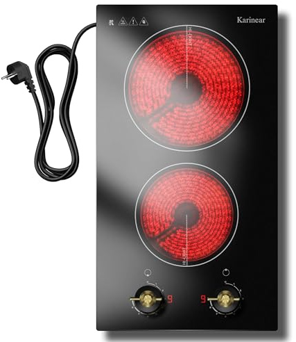 Karinear Placa Vitrocerámica de 2 Fuegos con Enchufe, Vitroceramica con Doble Mando Giratorio, Placa Eléctrica Independiente, Empotrable o Móvil, 220-240 V, 30 CM, 3000 W