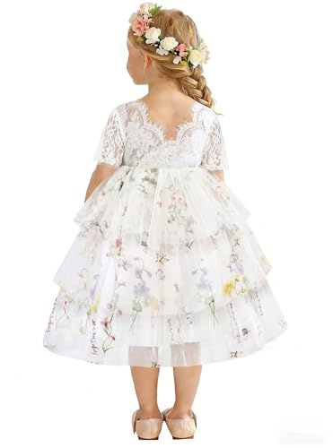 ZOEREA Flickklänning spets V-rygg klänning flicka festlig blomma broderi tyllklänning bröllop blomsterflickor klänningar 2–8 år, Vit, 7-8 år