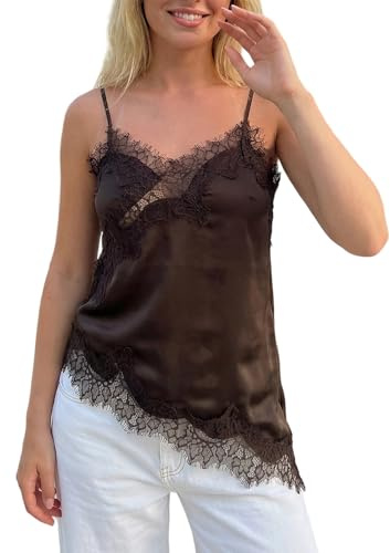 Débardeur Femme Chic et Elégant Caraco Dentelle à Col en V Cami Top à Bretelles Spaghetti Dos Nu Haut Asymétrique sans Manches pour Soirée Fête Club (Brun, L)