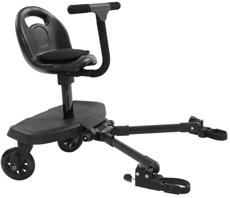 CLEADONG Universal Kiddy Boards, 360° Rotation, Portable Buggy Board with Seat, Stroller Accessory from 2-6 Years, for Over 99% of Baby Carriages, Black Wheels