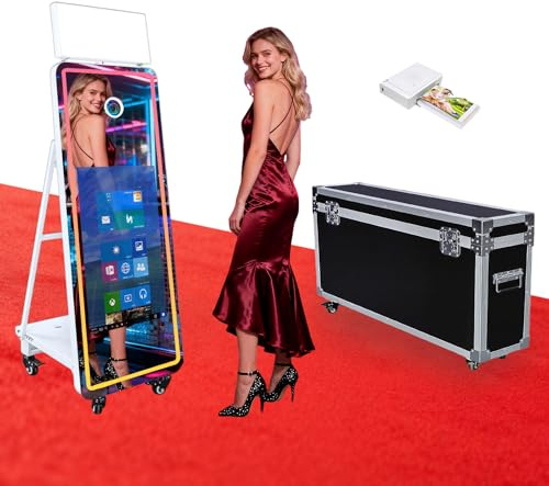 Magic Mirror DSLR Photo Booth with 32 Inch Touchscreen, Instant Printing & LED RGB Square Light, Portable Photobooth with Flight Case for Weddings Parties Events (White, Photo Booth + Printer)