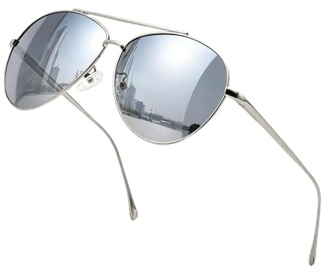 D Lolylad polariserade solglasögon män kvinnor, retro pilotglasögon solglasögon UV400 skydd med metallram för utomhus vandring körning golf fiske båtliv, silver