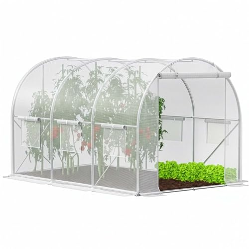 Folientunnel Gewächshaus 300x200x200 cm mit 6 Fenstern und 2 Türen UV4 Gartentunnel für Gemüse Tomaten Pflanzen stabile Metallkonstruktion mit Moskitonetz Springos