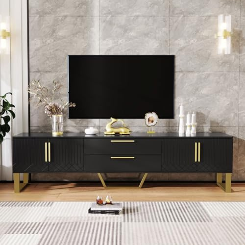 Meuble TV Haut Brillant Laqué 4 Portes avec Poignées Dorées – Meuble de Salon Élégant avec Rangement et Design Moderne – Meuble Télé avec Étagères Intégrées