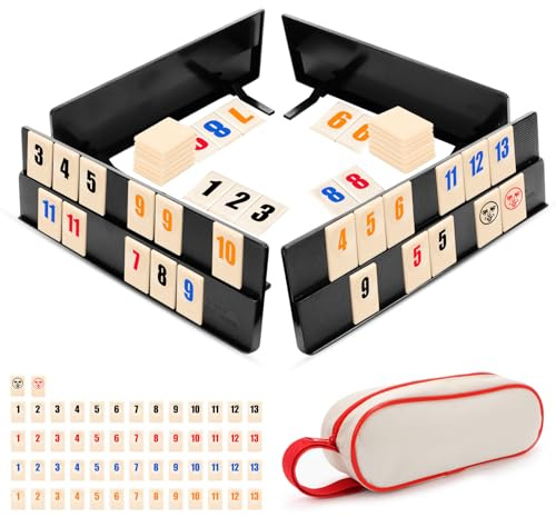 Rummy Spiel Set Rummy Cup Reisespiel 2 bis 4 Spieler, Spieleklassiker | Rummy Reisespiel Set mit 1 Aufbewahrungstasche 4 Stände 106 Spielsteinen für Erwachsene, Partys, Reisen und Familienfeiern